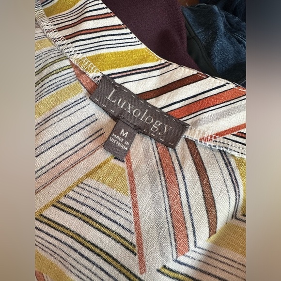 M luxology yellow abstract faux wrap peplum top wood buttons boho shirt retro - Picture 4 of 5